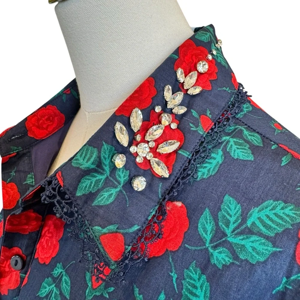 NWT Trish Scully Constance Maxi Dress Navy Rose Floral 12 Rhinestone Long Sleeve - Picture 6 of 17